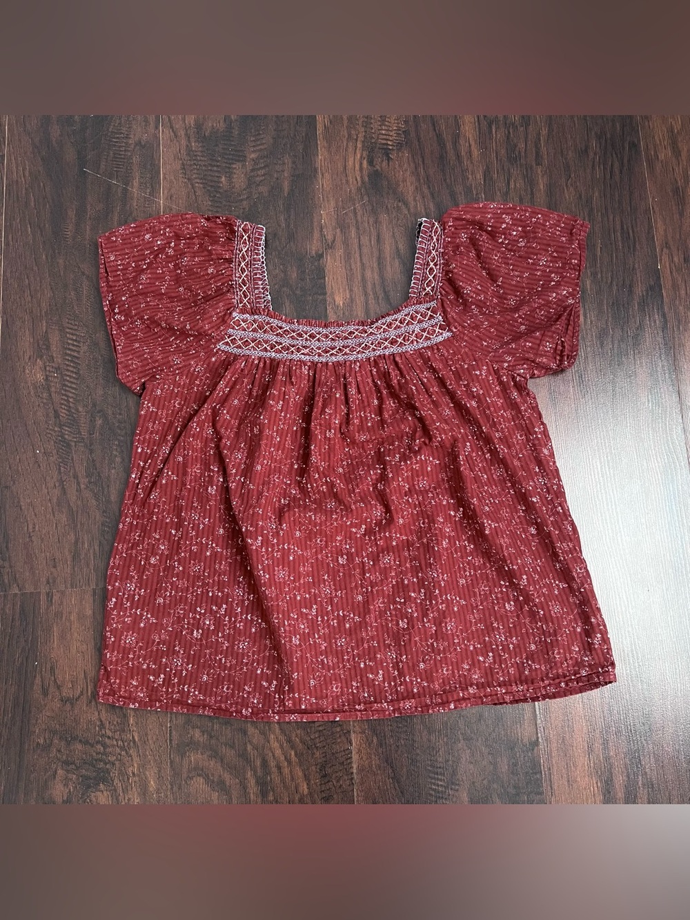 Madewell Square Neck Smocked Top XS Rusted Burgundy Floral Puff Sleeve Cotton